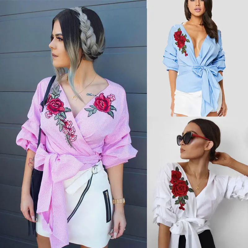 

New Stylish Floral Fashion Womens Summer Embroidered Flower Shirt Casual Half V-neck Loose Tops