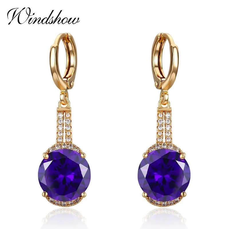Желтое Золото Цвет круглый Ocean Blue cz циркония камень падение серьги круг Серьги