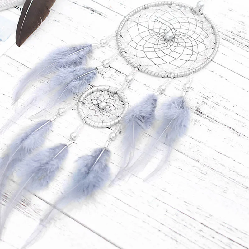 

2021 hot Original silver gray dream catcher 2 ring Indian feather hanging art gifts to bestie friends creative valentine's day