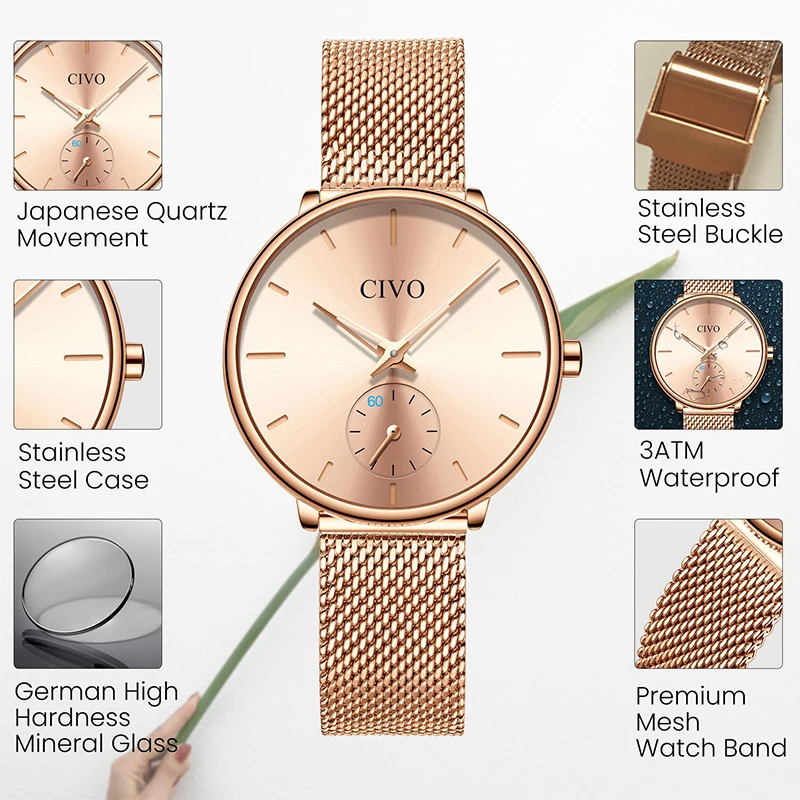 

CIVO Luxury Rose Gold Ladies Watches Waterproof Steel Mesh Quartz Watch Women Fashion Dress Watches Clock Relojes Para Mujer