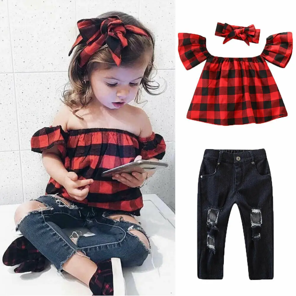 2-7Y Kid Girls Clothing Set Plaid Ruffles T Shirt + Denim Pants Costuems Fashion 2pcs/set | Детская одежда и обувь