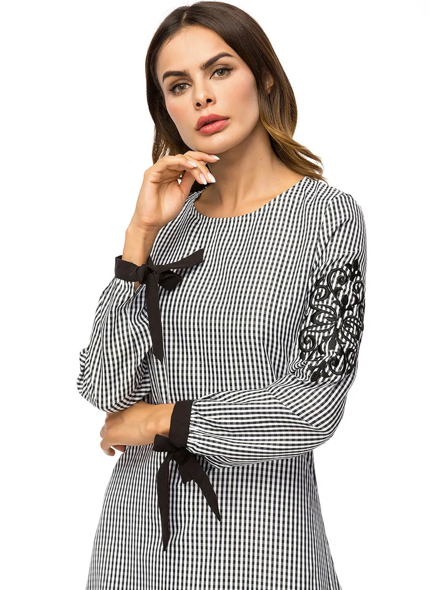 Embroidery Plaid Muslim Abaya Casual Ankle Length Dubai Long Dress Patch Design Maxi Arabic Robe 7365 | Тематическая одежда и