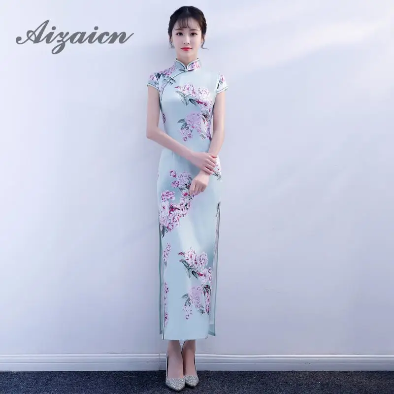 Fashion Silk Print Cheongsam Modern Qipao Long Traditional Chinese Dress Oriental Style Dresses Evening China Robe Longue Femme |