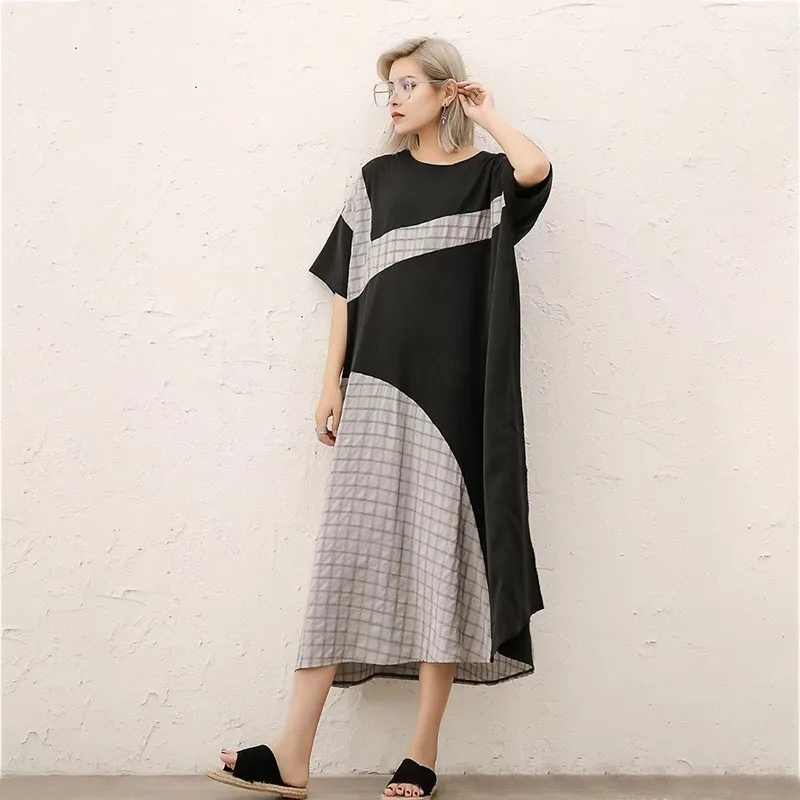 Женское платье в клетку с круглым вырезом и коротким рукавом|Женские платья| |