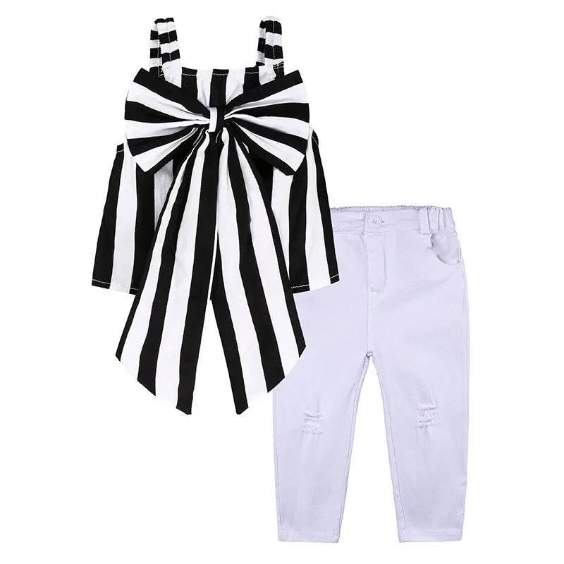 2019 Fashion Girls Suit stripe Tops + pants 2 Pieces The Strapless Set Kids Bowknot Hole white girls clothing set | Мать и ребенок