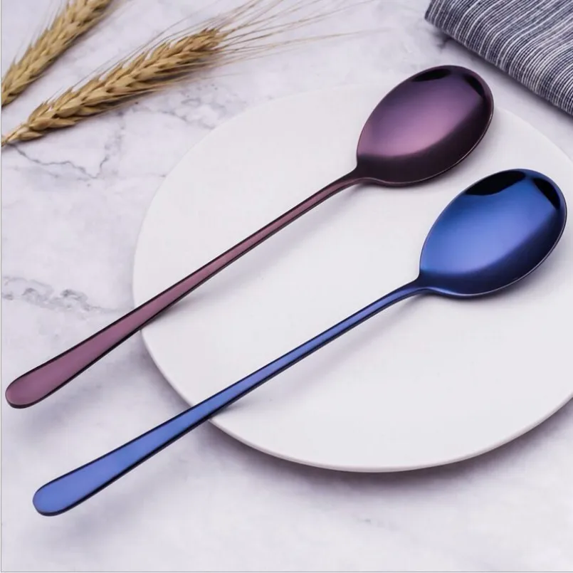 New Soup Spoons 2PCS 304 Stainless Steel Colored Long Handle Kitchen Spoon Household Stirring Tea Tableware For Dinner | Дом и сад