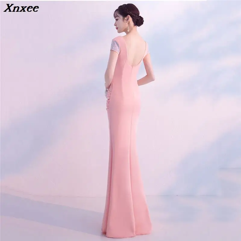 Xnxee Elegant Deep V Sequines Short Sleeve Waist Cross Long Mermaid Sexy Slit Formal Evening Party Dress Plus Size | Женская одежда