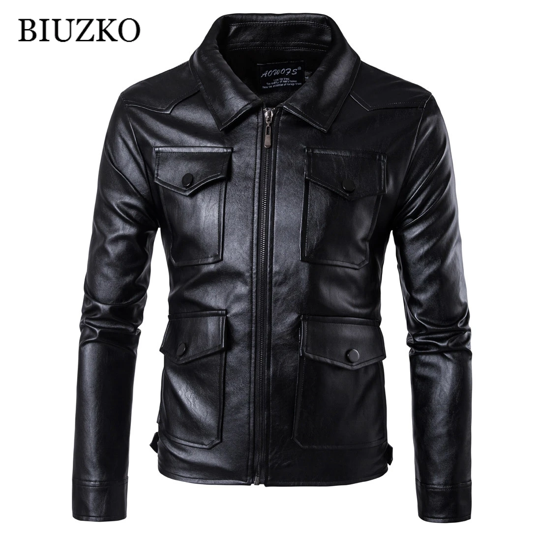 Moto Biker Autumn Men Faux Leather Jacket Turn-down Collar Slim Winter Solid Pockets Motorcycle PU Coat | Мужская одежда