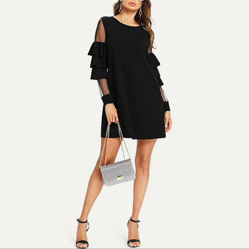 New 2019 Women Mesh Dress Sundress Fashion Long Flare Sleeve Ladies Casual Loose Short Females High Waist Elegant Vestido | Женская