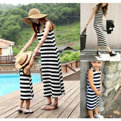 Одежда для мамы и дочки Полосатое платье родителей детей одинаковые комплекты
