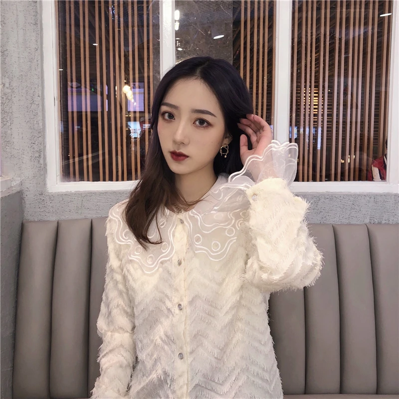 Женская одежда новая модная кружевная блузка в японском стиле с О-образным