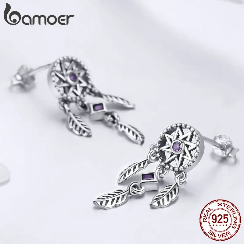 BAMOER 925 пробы серебряные Винтажные висячие серьги Ловец снов для женщин фиолетовые кубические циркониевые ювелирные изделия из стерлингового серебра SCE502