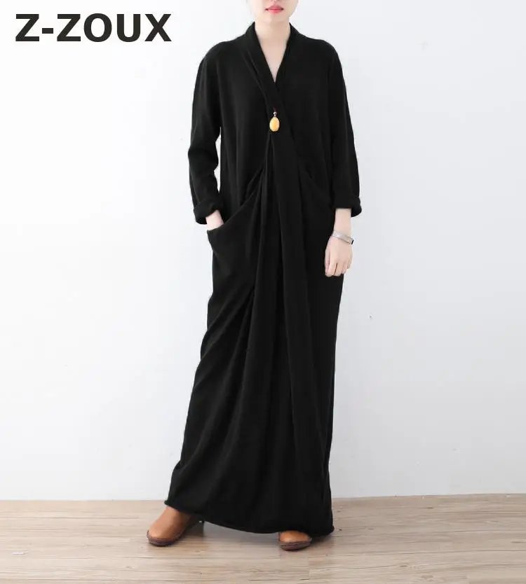 Z-ZOUX Женское Платье макси с v-образным вырезом и длинными рукавами трикотажное