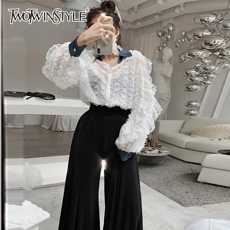 TWOTWINSTYLE лоскутный воротник из джинсовой ткани верхняя одежда женская кружевная