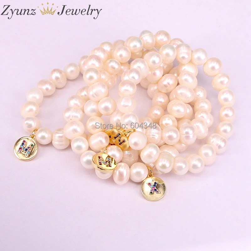 

5 Strands ZYZ338-9963 Micro Pave CZ Letter in round charms Bracelet Nature Pearl Beaded Bracelet Women Jewelry