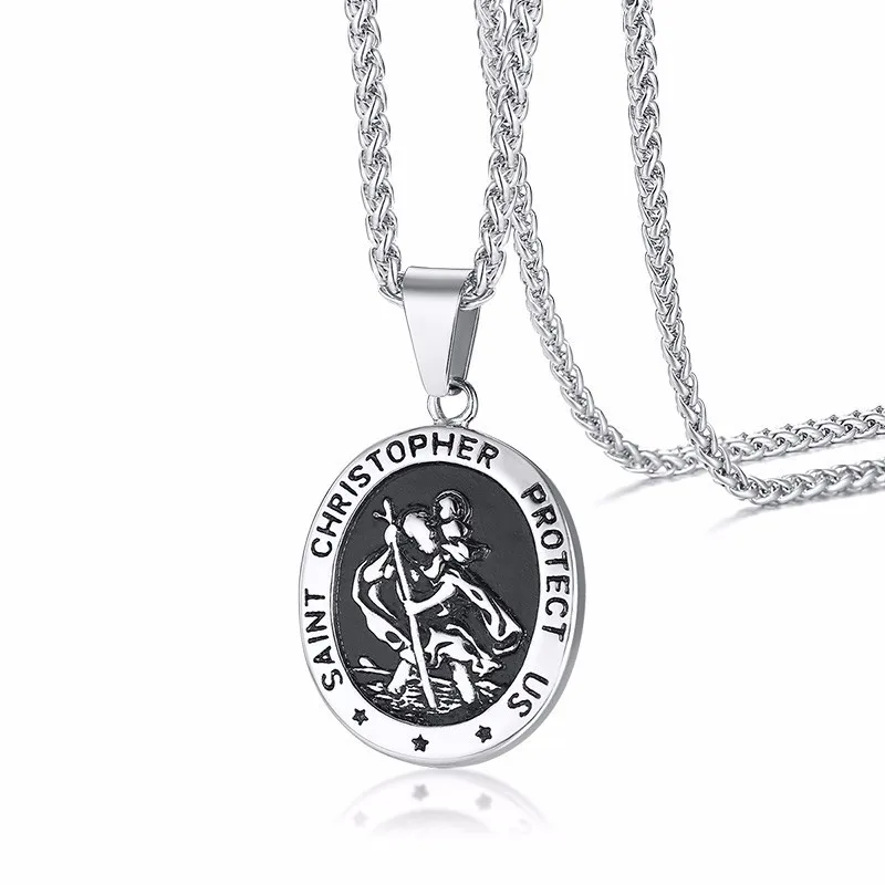

Men Stainless Steel Oval Saint Christopher Medallion Pendant Necklace Religious Jewelry with 24 inch Chain