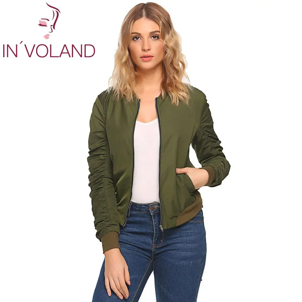 Женская мода Ruched с длинным рукавом сплошной Zip-up короткая куртка-бомбер Высота см
