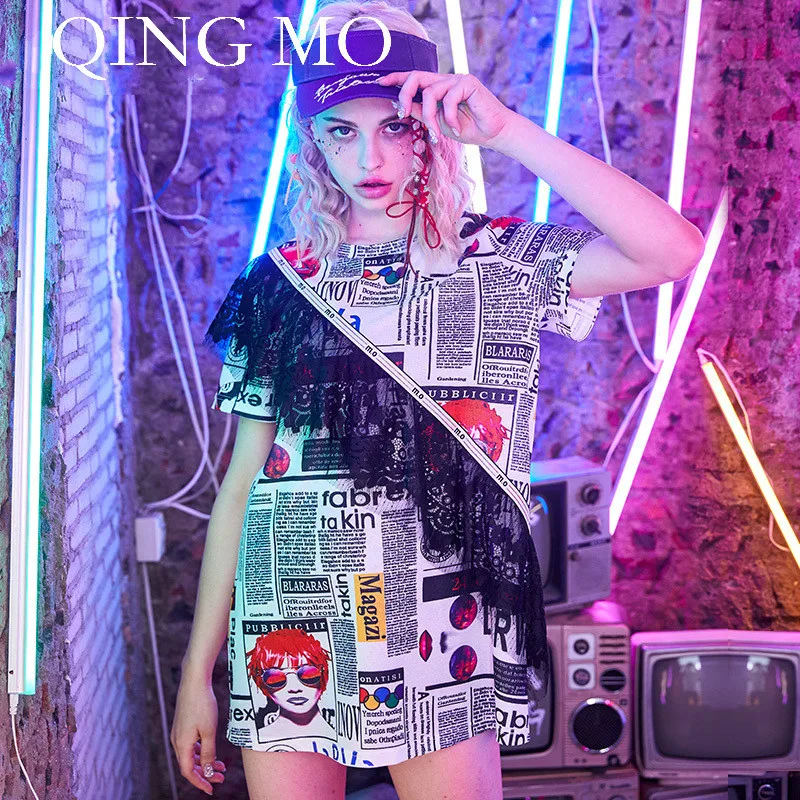 QING MO женское кружевное лоскутное мини-платье выше колена прямой короткий рукав