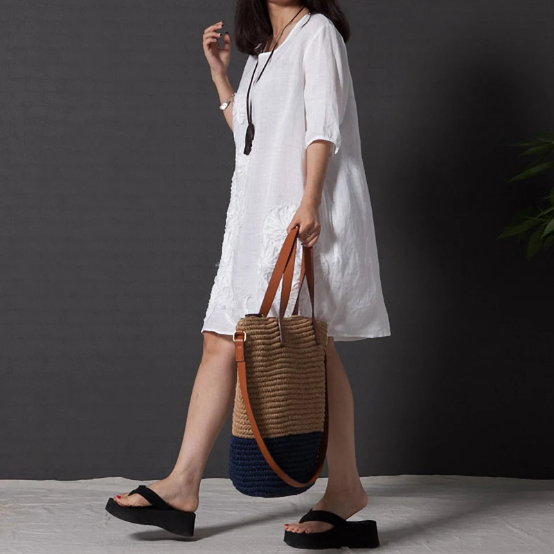 Новое Женское хлопковое льняное платье с коротким рукавом свободное большие