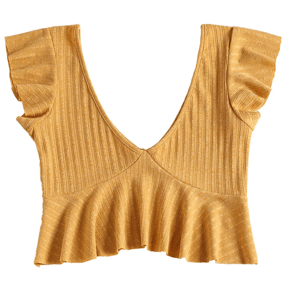 ZAFUL Ребристый Глубокий V образным Вырезом Майка с баской Топ Женские летние майки