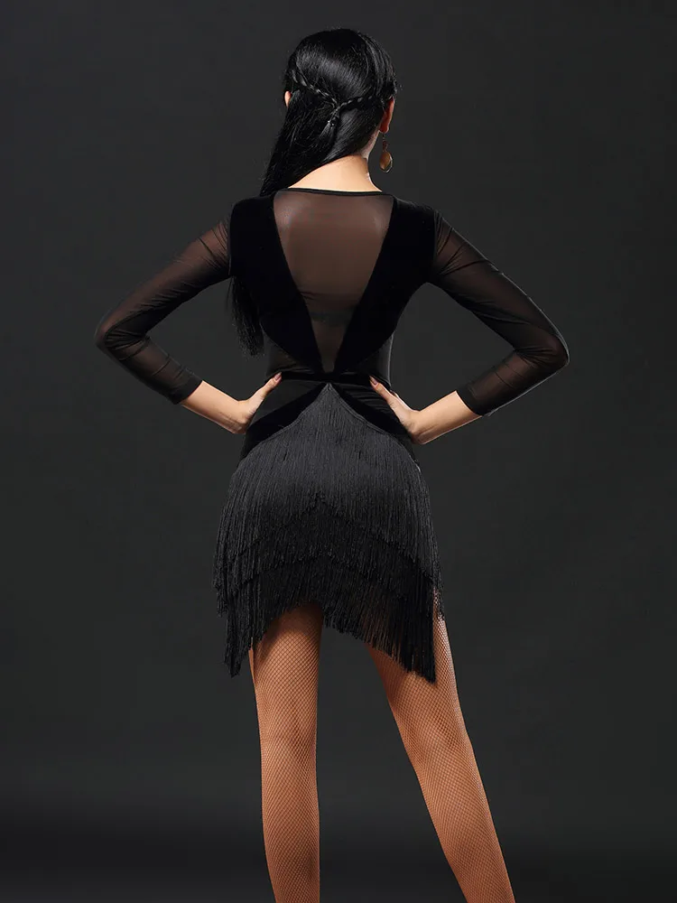 2020 Black Dress Latin Dance Dress for Women Sleeve Tango Rumba Flamengo Ballroom Dance Dress For Women Costume A3153