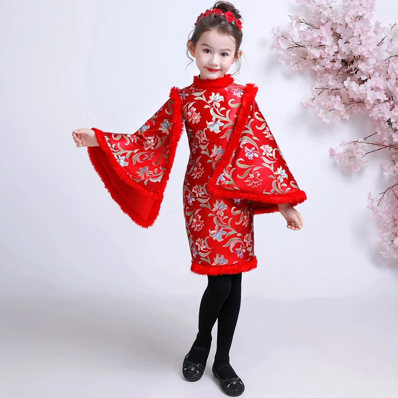 Китайское платье для детей платья девочек Cheongsam детский красный новогодний