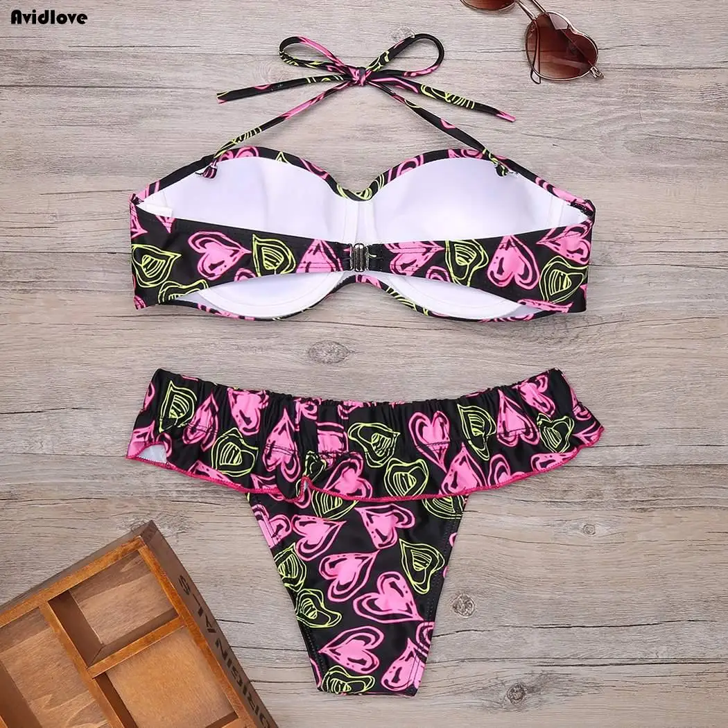 Холтер Печатных Мягкий Push Для женщин без рукавов Талия рюшами провод бикини с