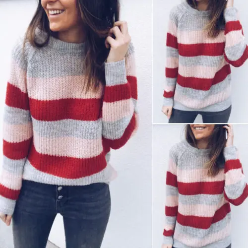 Ladies Casual Long Sleeve Round Neck Loose Knitwear Women Autumn Mohair Knitted Striped Pullover Sweater | Женская одежда