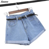 summer casual women cotton shorts jeans mid waist denim shorts with pockets and belt loose broad leg shorts xnxee