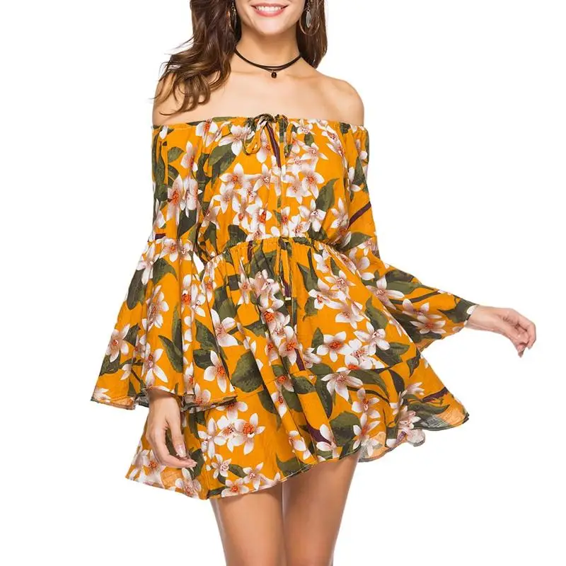 5 Color Bohemian Style Boho Holiday Off Shoulder Dress Casual Floral Print Mini Sundress Long Flare Sleeves Summer Ruffles | Женская