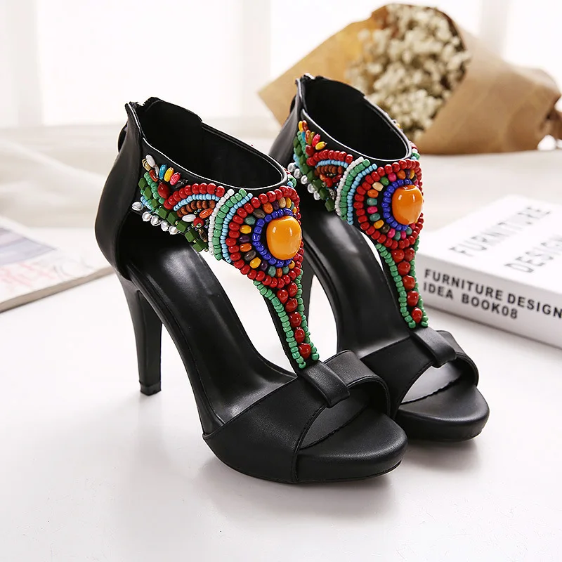 Сандалии женские в этническом стиле босоножки на тонком каблуке ремешок