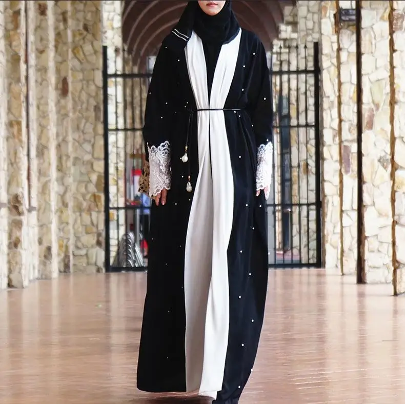 Women Abaya Open Cardigan Lace Cuff Hand Beading Long Dress Muslim Maxi Robe Elegant Party Islamic Clothing Kimono Turkey Tunic |