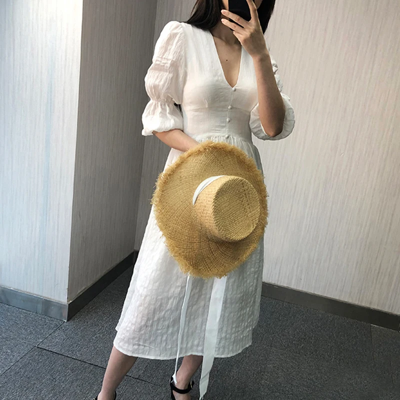 SISPELL Vintage Solid Dress For Women V Neck Puff Sleeve High Waist Slim Midi Summer A Line Dresses Female Fashion New Tide 2019 | Женская