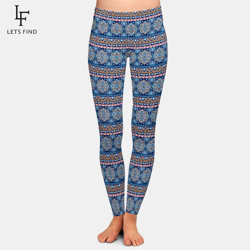 Women Fashion Blue Legging Aztec Print Leggings 220gsm Double Side Brushed Milk Silk High Waist High Quality Leggings