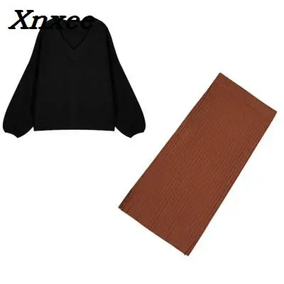 

Casual women's set two pieces lantern sleeve v-neck pullovers knitting sweater+high waist side split skirt female knitted suits