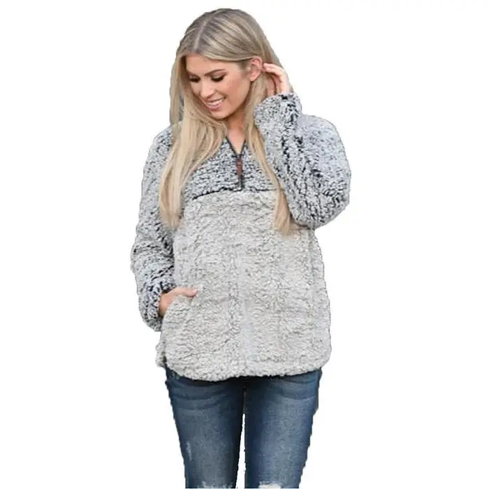 Women Fashion Pullovers Contrast Color Zipper Casual Patchwork Fall and Winter Thick Relaxed Plush Sweater | Женская одежда