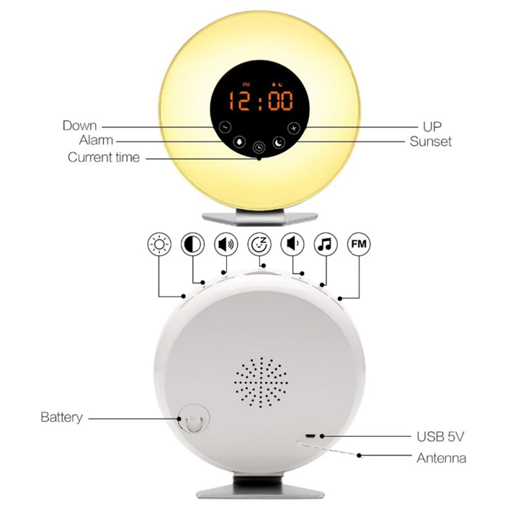Wake Up Light Будильник восход/Закат моделирование цифровые часы с fm-радио 7 цветов