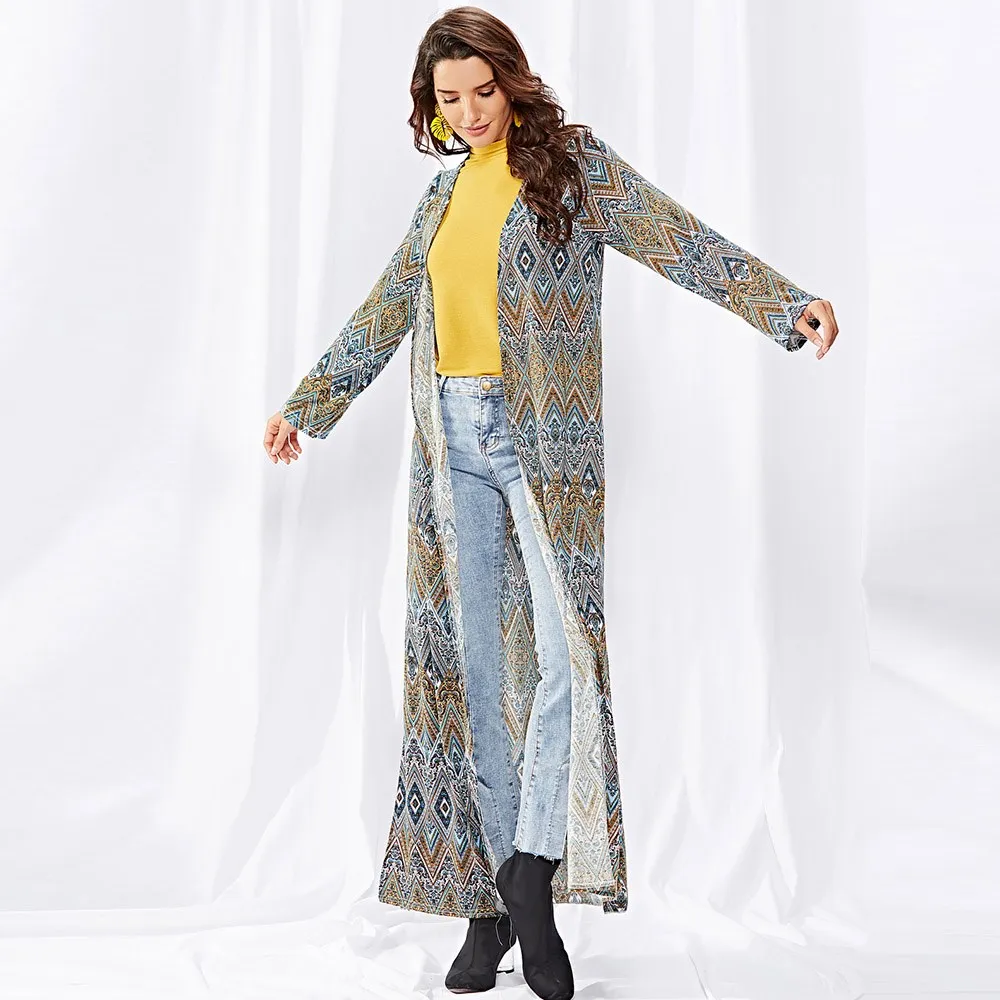 Длинное пальто кардиган Для женщин Разделение Свободные Boho модный принт верхняя