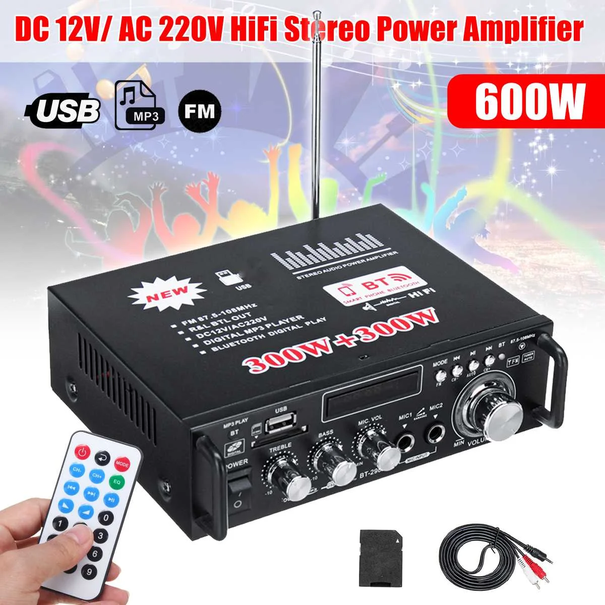 Автомобильный мини усилитель мощности KROAK 600 Вт 12 В 220 USB bluetooth Hi Fi стерео аудио