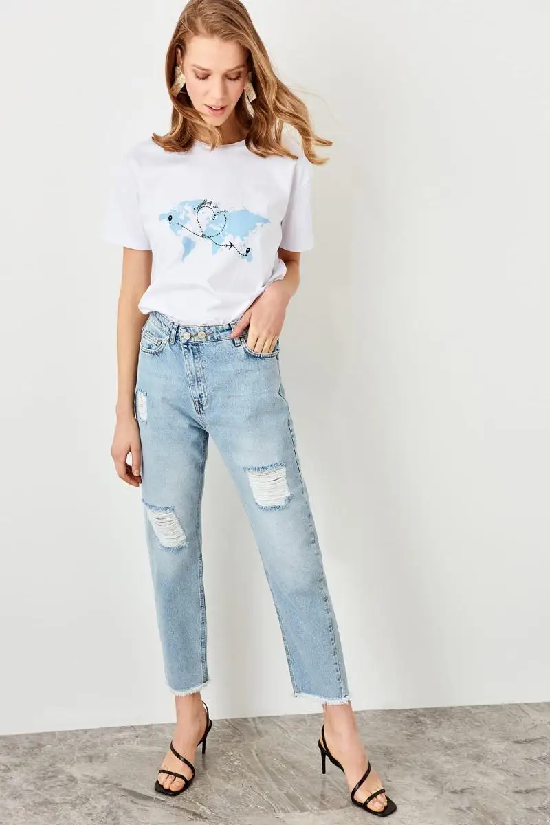 Trendyol Mavi рваные джинсы с высокой посадкой Bel Mom TWOSS19NI0024| |