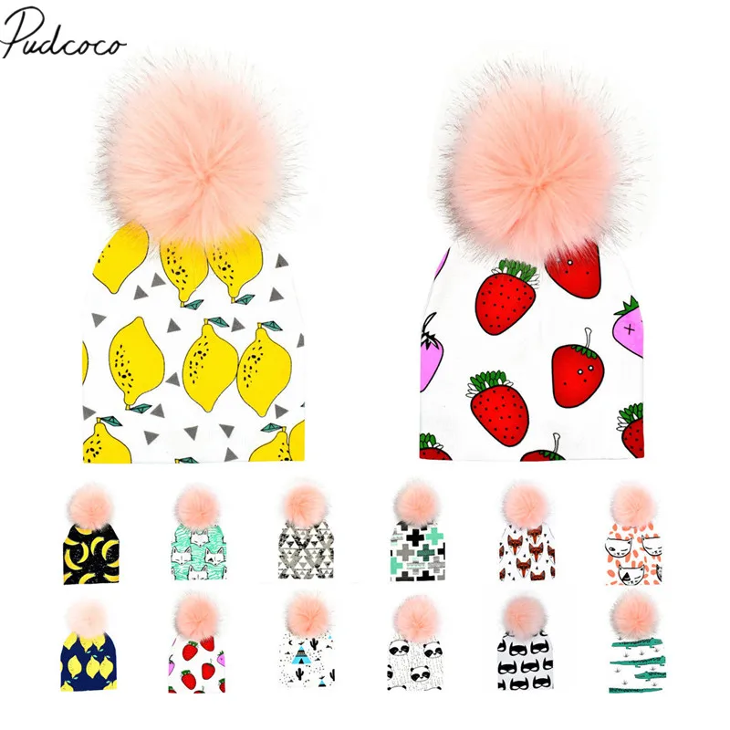 2018 Brand New Infant Newborn Cartoon Kids Baby Unisex Warm Winter Knit Beanie Real Fur Pom Bobble Hat Furry Ball Cap Gift 6M-3T | Детская