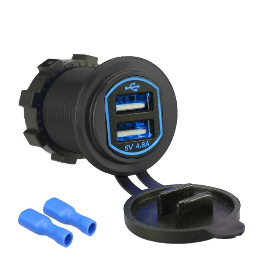 

Dual USB LED Quick Charger Socket Power Outlet 2.4A & 2.4A (4.8A) with Wire In-line 10A Fuse for Motorcycle RV Truck Camper