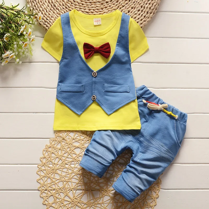 2019 Summer Spring Cotton Baby Boys Clothing Sets Children Vest Fake Two Jacket Tops+ Shorts Kids Formal Clothes Suits |