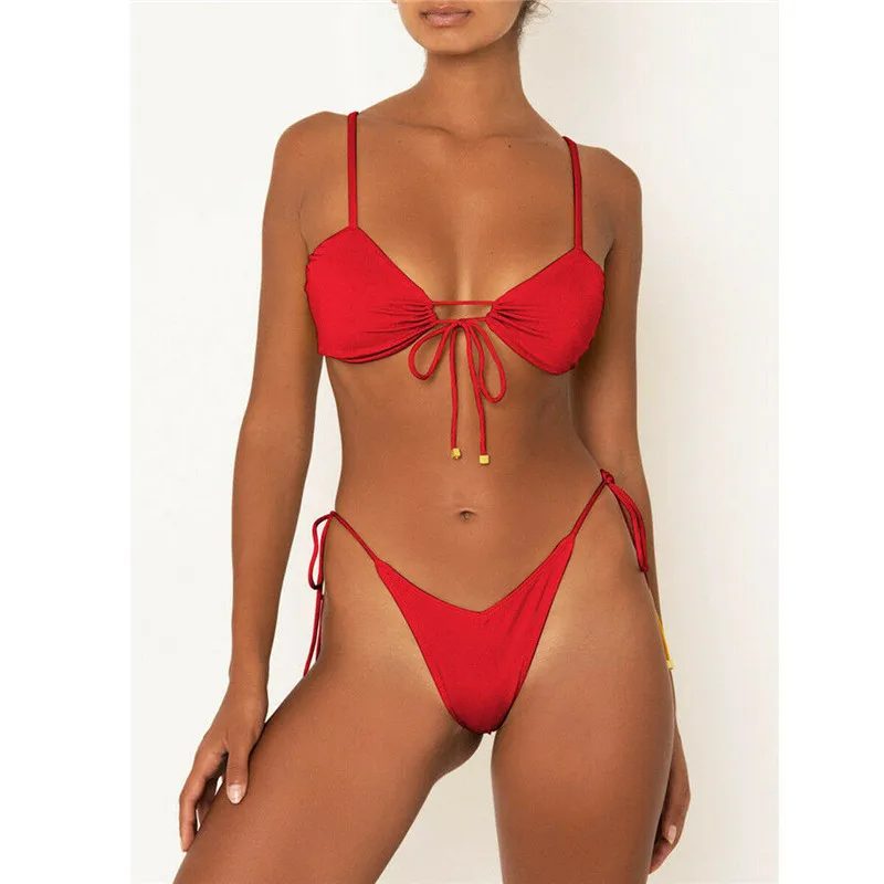 

Sexy Womens Bikini Set 2019 Summer Push-Up Bandage Swimsuit Beachwear Floral Printed/Solid Color Swimwear Low Waist Bathing Suit
