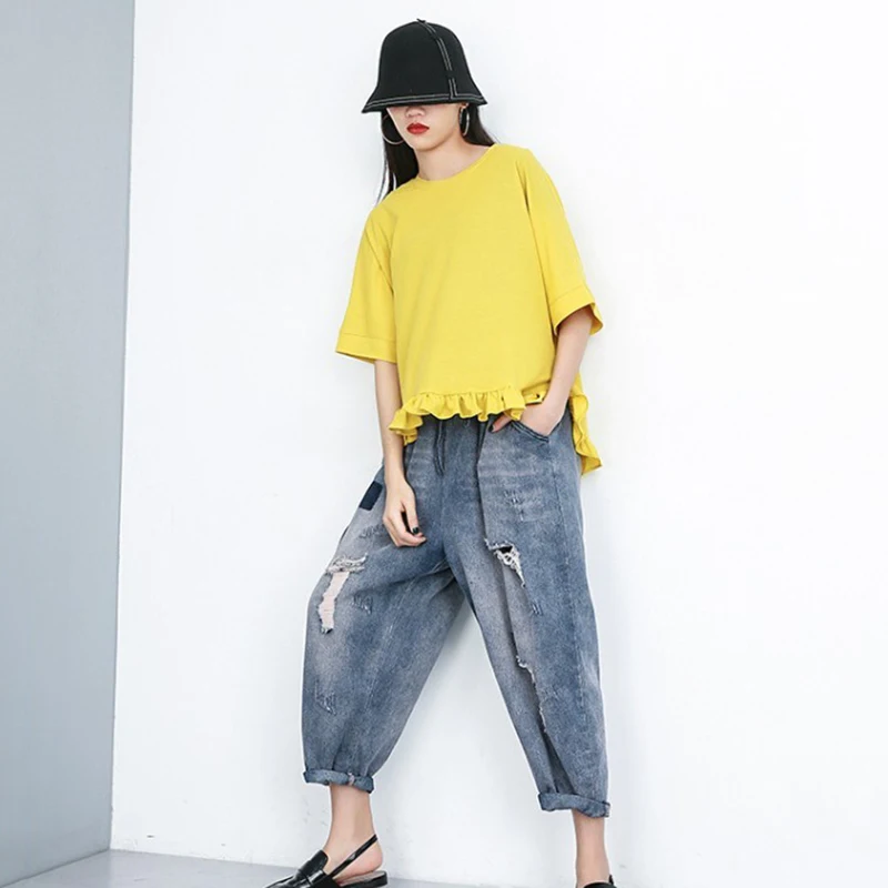 2019 сезон: весна–лето с круглым вырезом короткий рукав желтый подол оборками