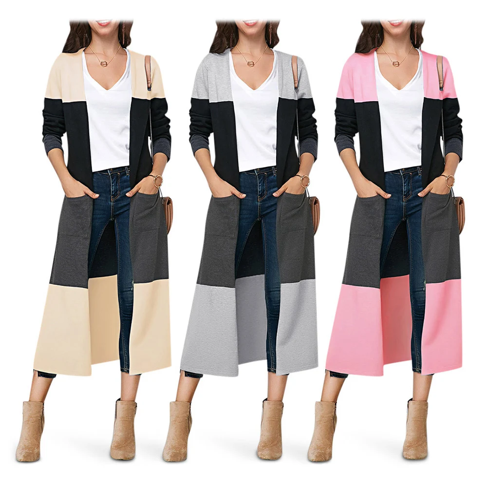 Cardigan Women Coats Open Stitch Female Elegant X-Long Trench Pocket Loose Autumn Winter Cardigans Patchwork Outerwear | Женская одежда
