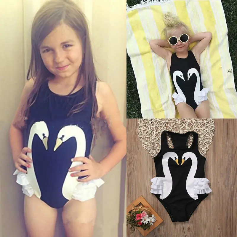 New Cute Toddler Kids Baby Girls Swimming White Swan Romper Swimwear Ruffle Skirt Swimsuit Clothes Bodysuit One-Piece Suit | Спорт и