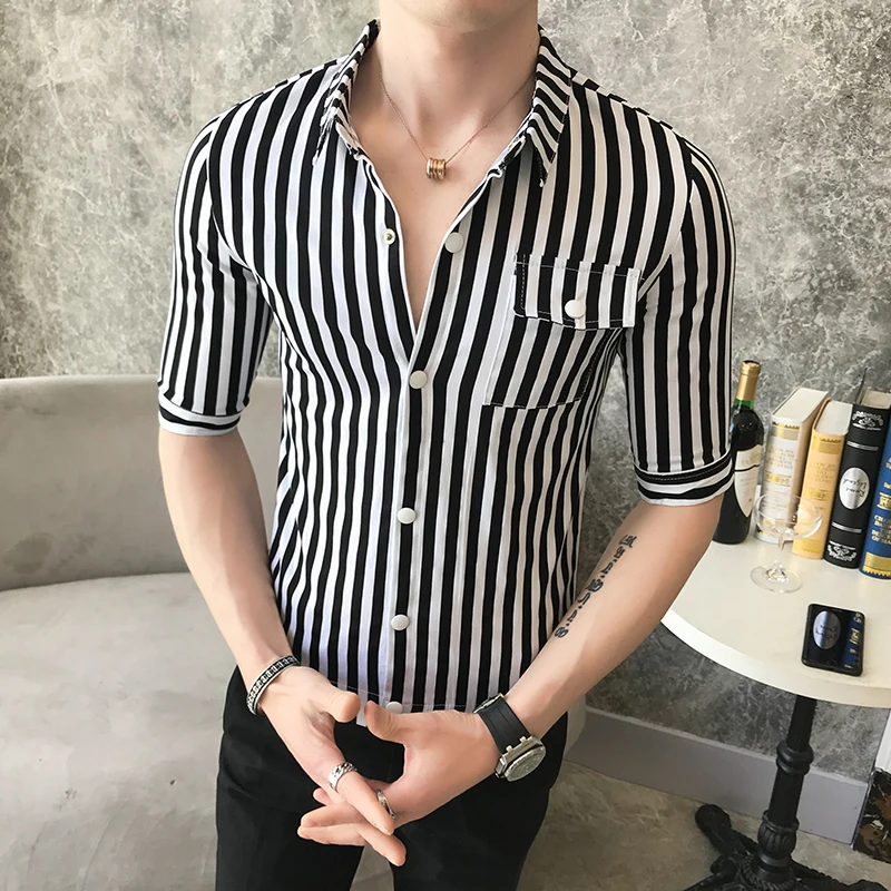 Мужская рубашка с коротким рукавом Camisa Masculina приталенная Простая в полоску