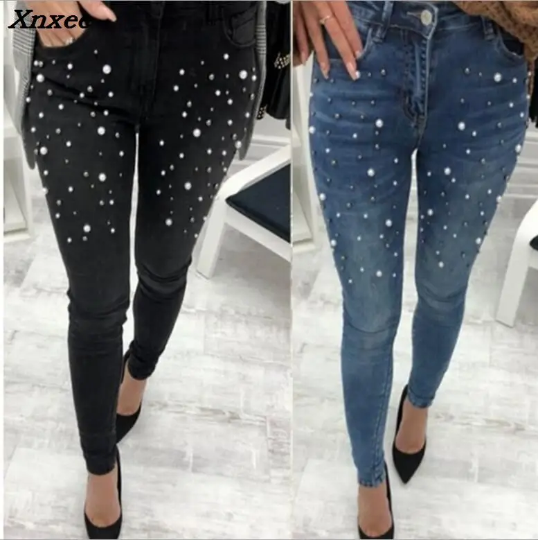 Женские джинсы с бусинами и жемчугом блестящие эластичные облегающие джинсовые
