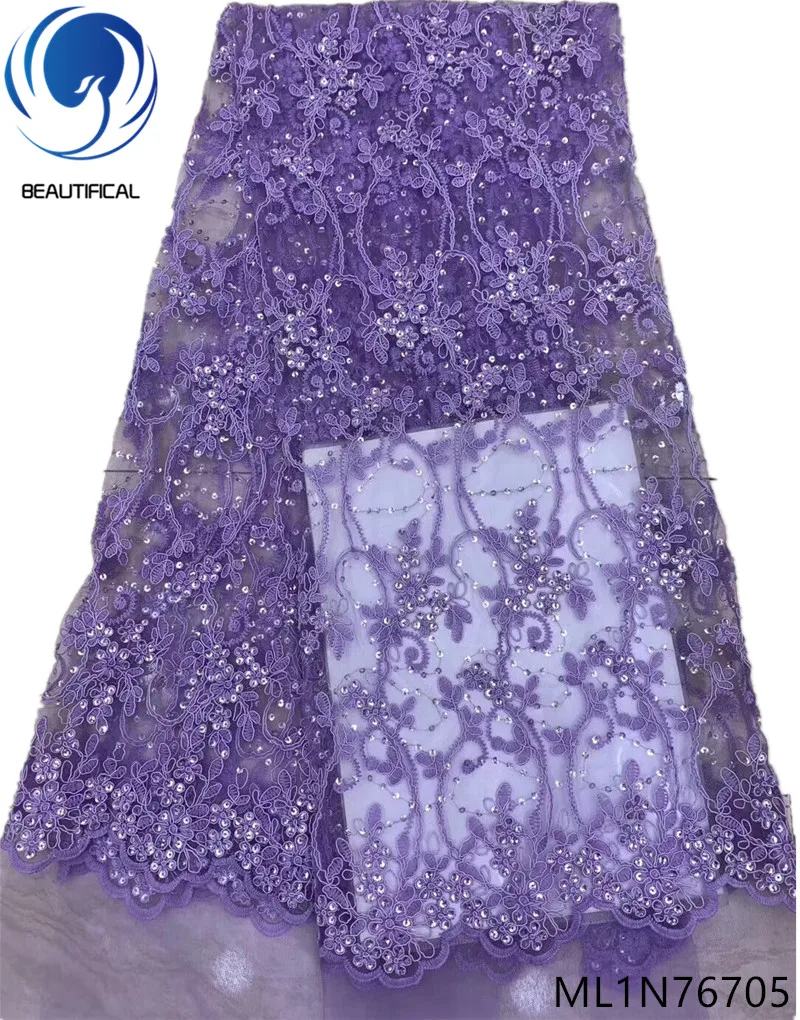 

Красивая африканская кружевная ткань с вышивкой, фиолетовое кружево, французская Тюлевая Ткань 5 ярдов, новейший дизайн, нигерийское кружев...